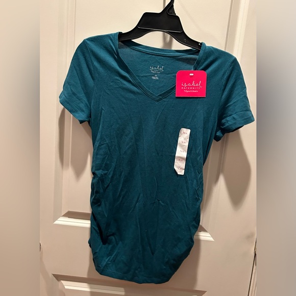 Isabel Maternity NWT Teal Blue Short Sleeve V-Neck Ruched T-Shirt XS - Picture 3 of 6